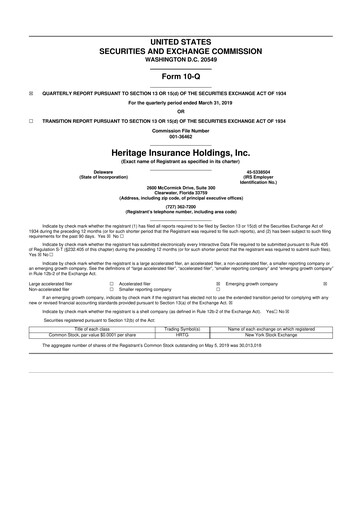 Thumbnail Heritage Insurance 10-Q Quarterly Report FY2019 