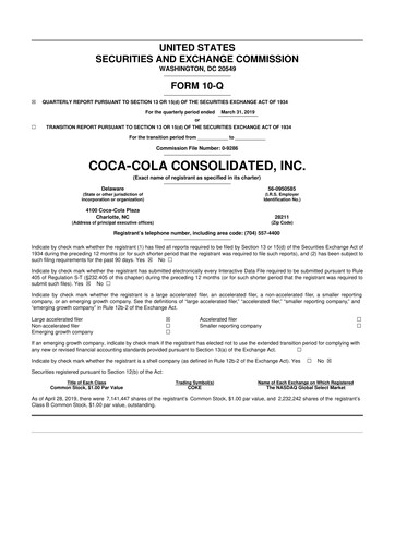 Thumbnail Coca-Cola Consolidated 10-Q Quarterly Report FY2019 