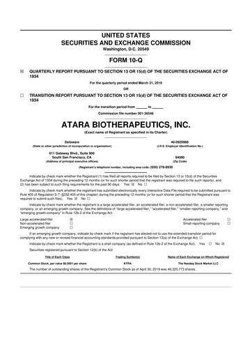 Miniature Atara Biotherapeutics 10-Q Rapport trimestriel  