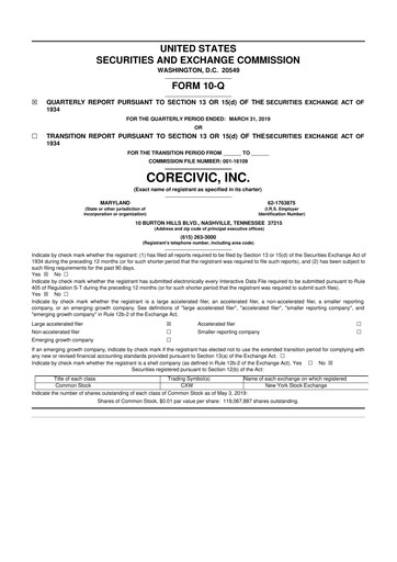 Thumbnail CoreCivic 10-Q Quarterly Report FY2019 