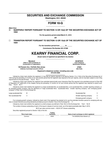 Miniature Kearny Financial
 10-Q Rapport trimestriel 2019 