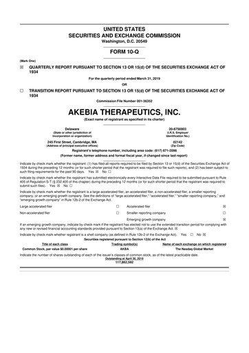 Vorschaubild Akebia Therapeutics 10-Q Quartalsbericht 2019 