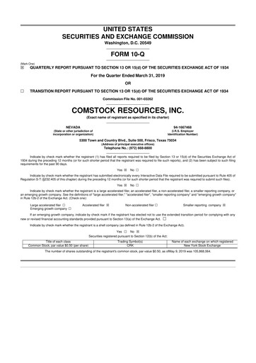 Thumbnail Comstock Resources 10-Q Quarterly Report FY2019 
