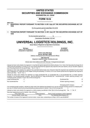Thumbnail Universal Logistics Holdings 10-Q Quarterly Report FY2019 