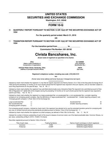 Thumbnail Civista Bancshares
 10-Q Quarterly Report FY2019 