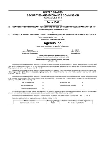 Thumbnail Agenus
 10-Q Quarterly Report FY2019 