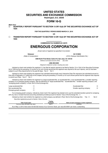 Miniature Energous 10-Q Rapport trimestriel 2019 