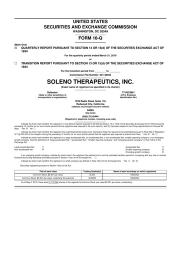 Miniature Soleno Therapeutics 10-Q Rapport trimestriel 2019 
