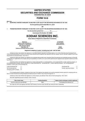 Miniature Kodiak Sciences
 10-Q Rapport trimestriel  