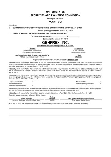 Thumbnail Genprex 10-Q Quarterly Report FY2019 