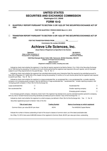 Vorschaubild Achieve Life Sciences
 10-Q Quartalsbericht 2019 