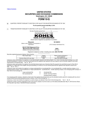 Thumbnail Kohl's
 10-Q Quarterly Report FY2019 