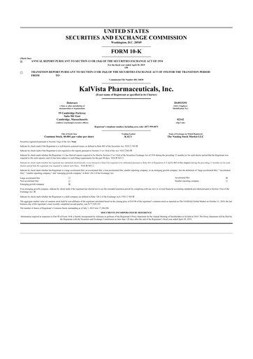 Miniature KalVista Pharmaceuticals 10-K Rapport annuel 2019
