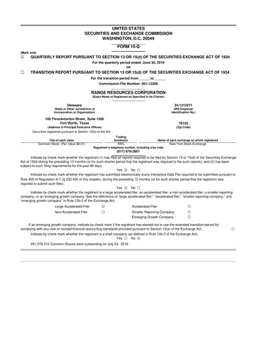 Thumbnail Range Resources
 10-Q Quarterly Report FY2019 