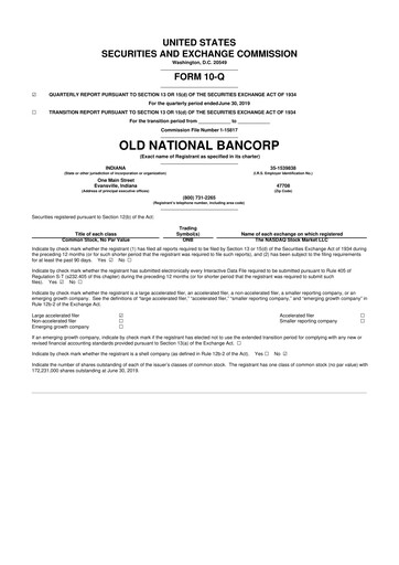 Miniature Old National Bank
 10-Q Rapport trimestriel 2019 