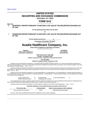 Thumbnail Acadia Healthcare
 10-Q Quarterly Report FY2019 