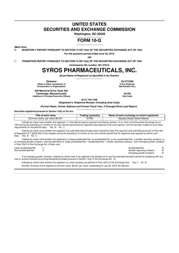 Thumbnail Syros Pharmaceuticals
 10-Q Quarterly Report FY2019 