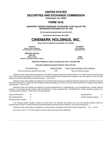 Thumbnail Cinemark Theatres
 10-Q Quarterly Report FY 