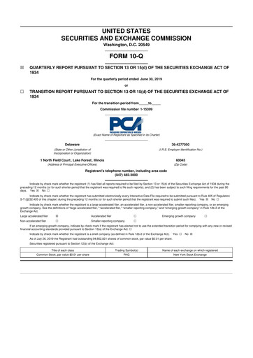 Thumbnail Packaging Corporation of America
 10-Q Quarterly Report FY2019 