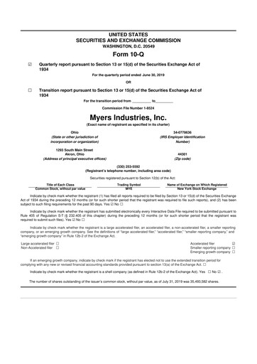 Thumbnail Myers Industries 10-Q Quarterly Report FY2019 