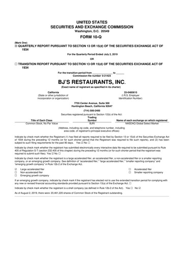 Thumbnail BJ's Restaurants
 10-Q Quarterly Report FY 