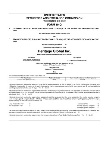 Thumbnail Heritage Global 10-Q Quarterly Report FY2019 
