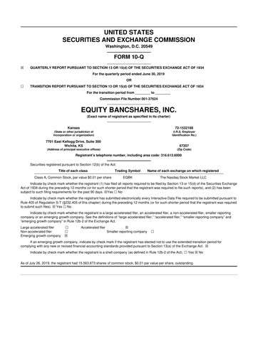 Thumbnail Equity Bancshares 10-Q Quarterly Report FY2019 