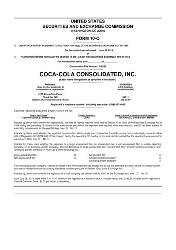 Thumbnail Coca-Cola Consolidated 10-Q Quarterly Report FY2019 