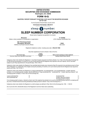 Thumbnail Sleep Number 10-Q Quarterly Report FY2019 
