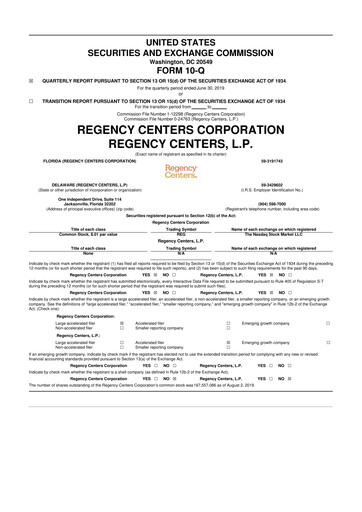 Thumbnail Regency Centers
 10-Q Quarterly Report FY2019 
