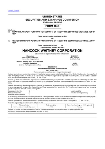Thumbnail Hancock Whitney 10-Q Quarterly Report FY2019 