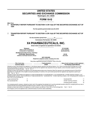 Miniature X4 Pharmaceuticals
 10-Q Rapport trimestriel 2019 