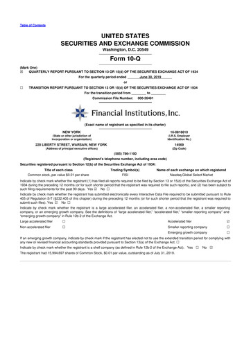 Thumbnail Financial Institutions 10-Q Quarterly Report FY 