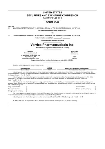 Thumbnail Verrica Pharmaceuticals 10-Q Quarterly Report FY2019 