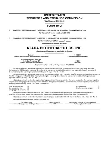 Miniature Atara Biotherapeutics 10-Q Rapport trimestriel  