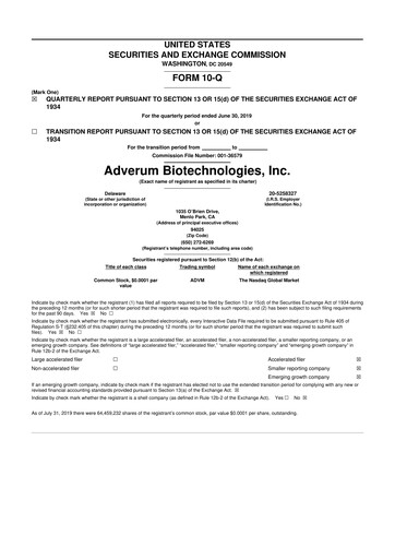 Thumbnail Adverum Biotechnologies
 10-Q Quarterly Report FY2019 
