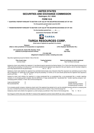 Thumbnail Targa Resources
 10-Q Quarterly Report FY2019 