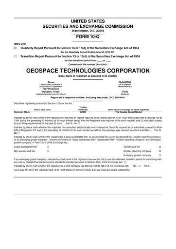 Thumbnail Geospace Technologies
 10-Q Quarterly Report FY2019 