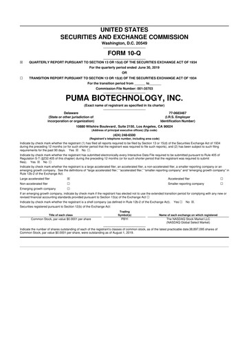 Thumbnail Puma Biotechnology 10-Q Quarterly Report FY2019 