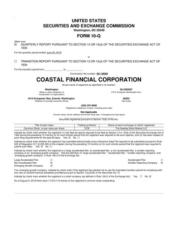 Thumbnail Coastal Financial Corporation 10-Q Quarterly Report FY2019 
