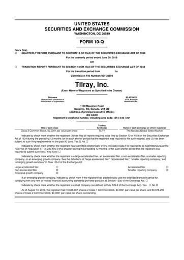 Miniature Tilray Brands
 10-Q Rapport trimestriel 2019 