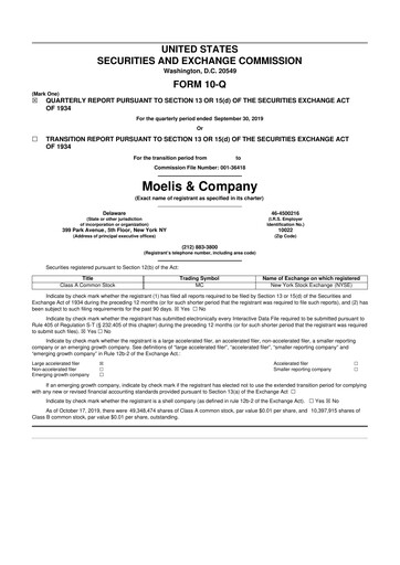 Thumbnail Moelis & Company 10-Q Quarterly Report FY2019 