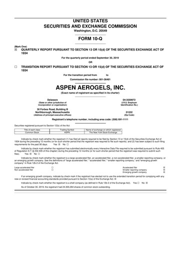 Miniature Aspen Aerogels 10-Q Rapport trimestriel 2019 