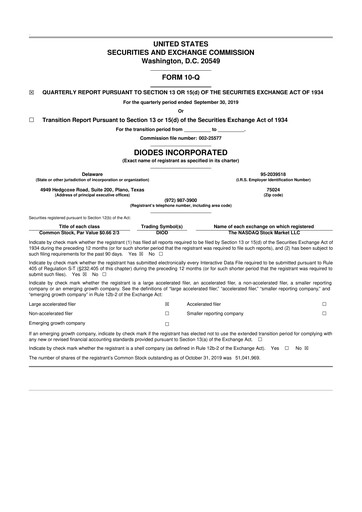 Miniature Diodes Incorporated 10-Q Rapport trimestriel 2019 