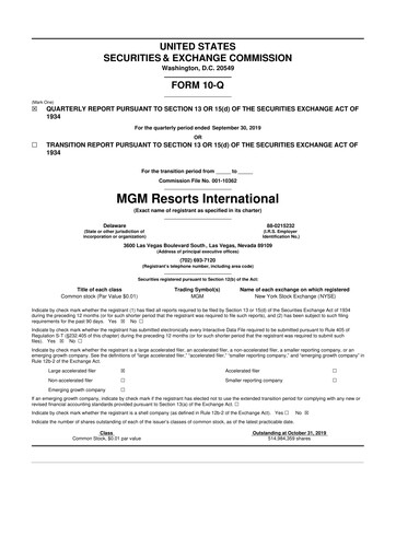 Thumbnail MGM Resorts

 10-Q Quarterly Report FY2019 