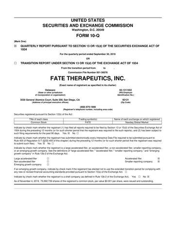 Thumbnail Fate Therapeutics
 10-Q Quarterly Report FY2019 