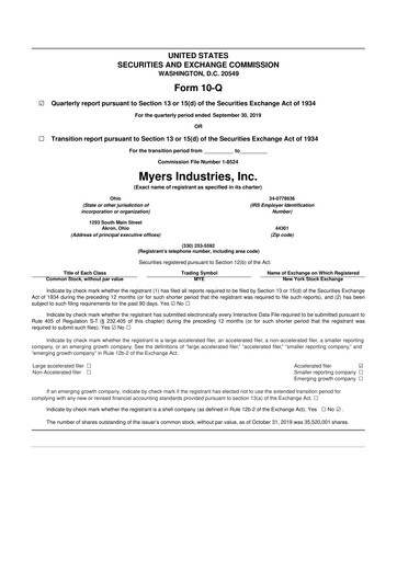 Thumbnail Myers Industries 10-Q Quarterly Report FY2019 