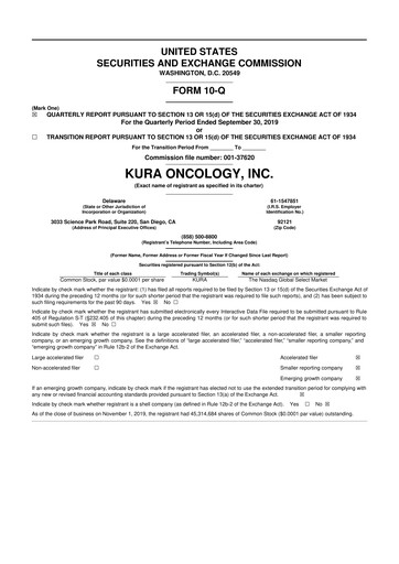 Miniature Kura Oncology
 10-Q Rapport trimestriel 2019 