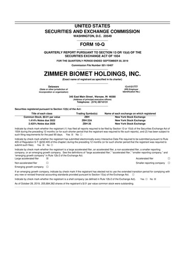 Thumbnail Zimmer Biomet 10-Q Quarterly Report FY2019 