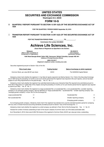Vorschaubild Achieve Life Sciences
 10-Q Quartalsbericht 2019 